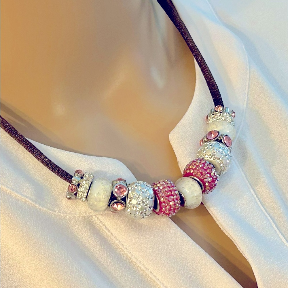 Sparkling Pink and Silver Beaded Necklace on Satin Cord w/ heart clasp
